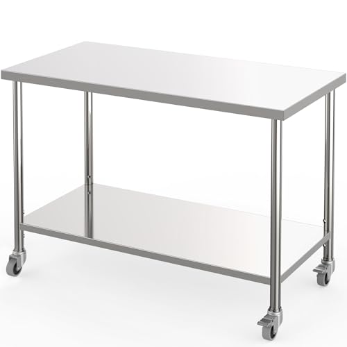 Stainless Steel Table, 48" x 24" Prep Workstation, 1000 LBS, NSF Commercial Work Table with Adjustable Undershelf and Lockable Casters, for Restaurant, Home, Kitchen, Hotel, Outdoor