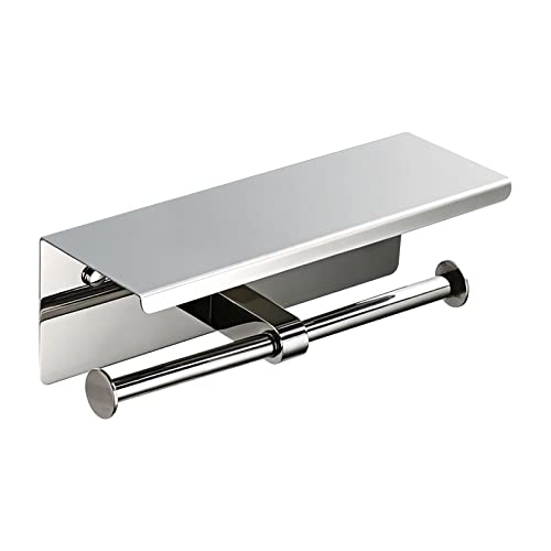 WXVOVXW トイレットペーパーホルダー 2連 トイレっとペーパーホルダー ペーパーホルダー トイレ 棚付き2枚紙巻き スマホや小物などが置ける棚板付き 太巻き 芯なし 対応 簡単設置 工事不要 マンション 戸建て 賃貸 インテリア DIY ステンレス製ダブルペーパーローラー 棚板付き 27cm幅 ネジ付き (シルバー 2連)