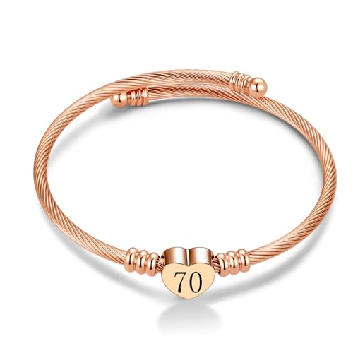 Bracelet jonc en or rose femme avec pendentif cœur pour anniversaire 18, 30, 50 ans