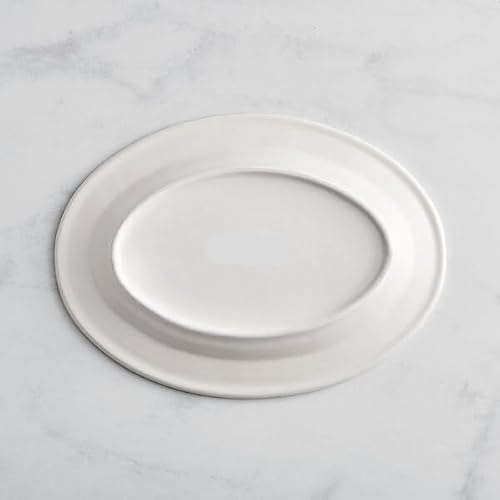 Glownary Oval Stoneware Platter, Ivory with Blue Bands, 12 5/8 x 8 3/4 Inches, Wide Rim, Dishwasher and Oven Safe, 12 per Case