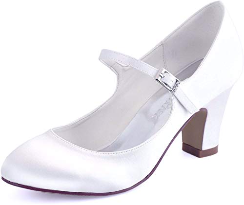 Elegantpark HC1801 Chaussures Mariée Femmes Mary Jane Bout fermé Escarpins Talon Haut Bloc Boucle Satin Chaussures de mariée de Mariage Blanc EU 39 Cover