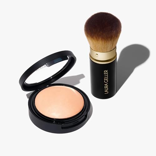 LAURA GELLER NEW YORK Baked Double Take Powder Foundation, Light + Retractable Airbrush Kabuki Brush