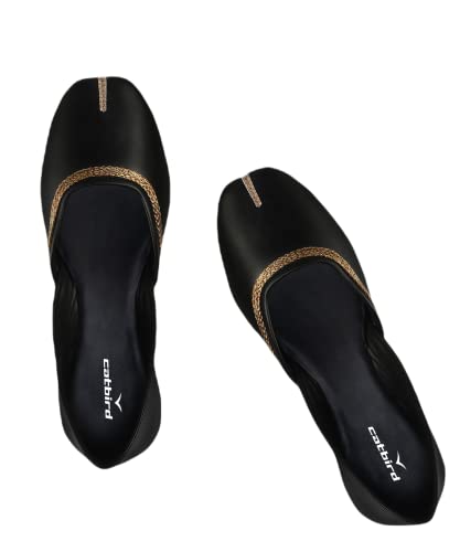 CatBird Women's Mojari Traditional Punjabi Jutti Ethnic Shoes, Black, 4 UK