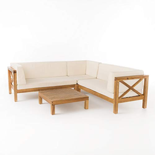 GDF Studio Levanto 4 Piece Outdoor X-Back Wood Sectional Set w/Water Resistant Cushions (Beige) - //coolthings.us