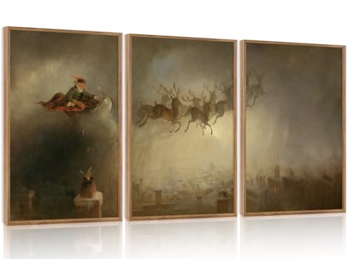 Aurlan Vintage Santa's Sleigh Rides Framed Wall Art(16"x24"), 3PCS Mid