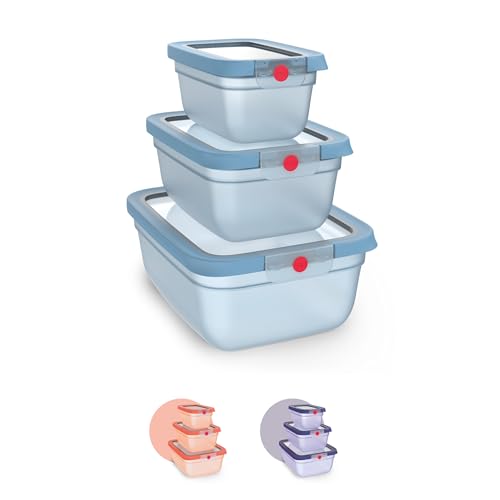 EMSA oneClick Frischhaltedosen, 0,75L, 1,5L, 3,0L, Lebensmittel 2 x länger frisch, 100% dicht, Made in Germany, platzsparendes Set, gefrier-, mikrowellen- und spülmaschinengeeignet, blau, N1231400