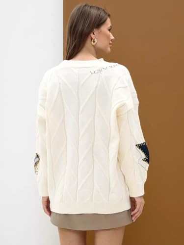 Image of Women's Cable Knit Open Front Cardigan V-Neck Button Down Embroidery Wool Blend Sweater Coat