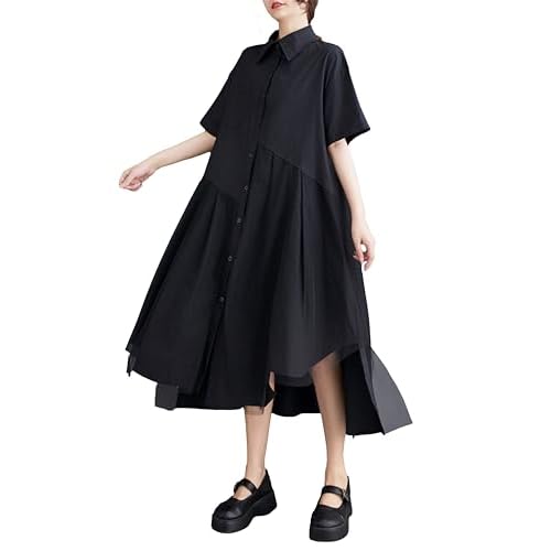 ellazhu Women's Short Sleeves Solid Color Irregular Hem Casual Shirt Dress GZ175 Small-X-Large Black
