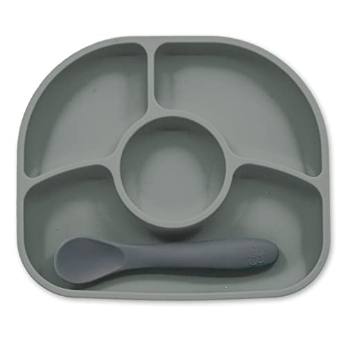 bblüv - Yümi - Assiette de bébé anti-renversement avec ventouse et cuillère en silicone (Gris)