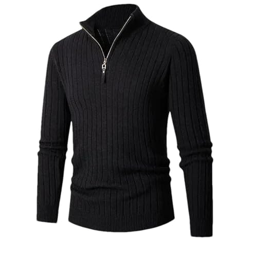 Men Turtleneck Sweater, Long-Sleeved Vertical Striped Half-Zip Base Layer Knitted Sweater
