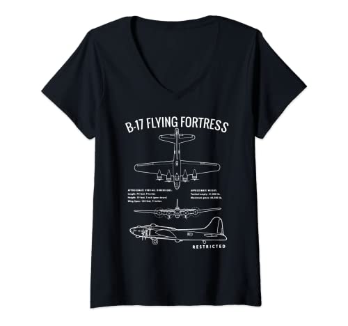Mujer Vintage Guerra Mundial 2 Bombarderos USA WW2 Fortaleza voladora B-17 Camiseta Cuello V