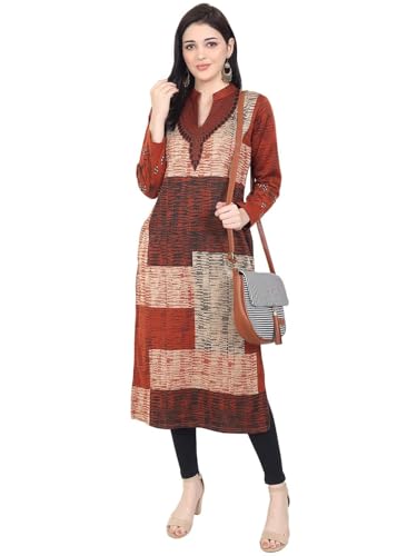 Image of Rosary Women's Winter Woolen Kurti Jacquard Straight Fit Ethnic Wear with 2 Side Pockets