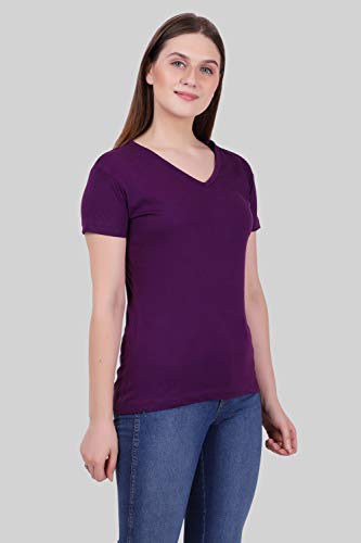 Image of FLEXIMAA Women's Cotton Plain V Neck Half Sleeve T-Shirt