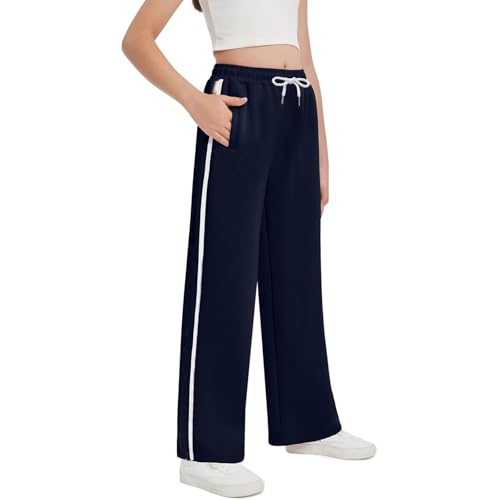 Generisch 2026 - Pantalones de chándal para niña con cordón, pierna ancha, pantalones de entrenamiento sueltos para adolescentes, pantalones cargo con rayas laterales, pantalones casuales con