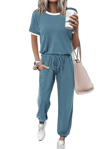 MASCOMODA Womens 2 Piece Outfits 2026 Summer Tracksuit Sets Short Sleeve Tops Travel Long Pants Jogger Lounge Set(Grey Blue,Medium)