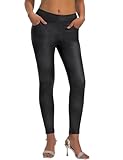 JK SUE JONES Faux Leather Leggings for Women with Pockets Shiny Pleather Leggings Pants Sexy High Waisted Tummy Control Black