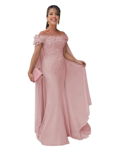 Lace Applique Mother of The Bride Dresses with Cape Mermaid Off Shoulder Chiffon Mother of Groom Dresses for Wedding4