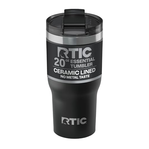 RTIC 20oz Essential Tumbler with Lid, Ceramic Lined, Insulated, Stainless Steel, Metal, Double Wall Vacuum-Insulation, Travel Cup for Iced Coffee, Tea, Hot and Cold Drink, Black