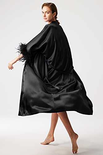 PRODESIGN Satin Kimono Robe Long Silky Bath Robe with Ostrich Feather Trim Sleepwear Wedding Bridesmaid Robe