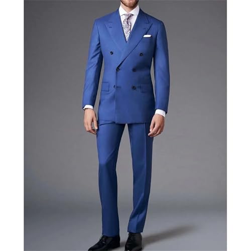 Men's Blue Lapel Suit 2 Piece Set Double Breasted Slim Fit Business Casual Formal2