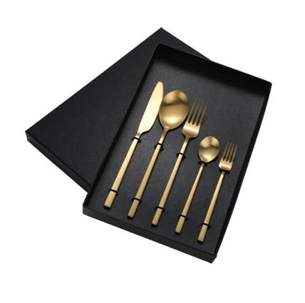 Ce Service de Couverts Comprend 5/20/30/40/50/60 pièces en Acier Inoxydable (Couteaux, fourchettes et cuillères) avec Manches carrés Mats. Argenté : 10 Services de 50 pièces ; doré : 8 servi