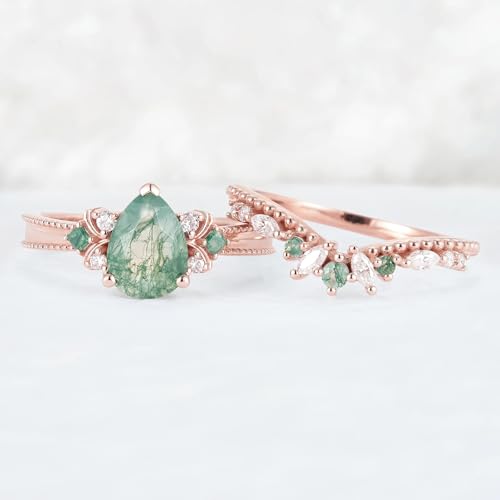 Natural Moss Agate Engagement Ring Set for Women 1.5 CT Pear Cut Moss Agate Wedding Ring Set for Women 925 Sterling Silver 10K 14K 18K Gold3