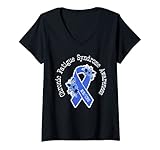 Damen Me/CFS Chronisches Müdigkeitssyndrom, Blumenmuster, Blau T-Shirt mit V-Ausschnitt