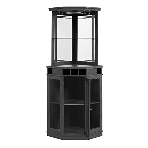 Home Source Dining Room or Lounge Corner Bar Cabinet for Liquor and Glasses with Wood Frame and Wine Rack