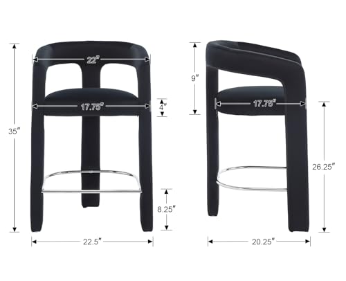Image of HNY Modern Barrel Bar Stools Set of 4, 26 Inch Upholstered Velvet Counter Height Barstools with Open Back and Armrests, for Kitchen Island, Home Bar, Dining Room, No Assembly, Black