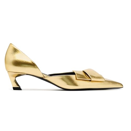 KysBloes Women Pointed Toe Kitten Heels Pumps Low Heel Bow Shoes,Metallic Gold Pumps2