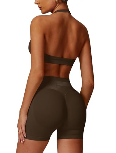 Image of ABOCIW Workout Sets for Women 2 Piece seamless Halter Sports Bra Scrunch Butt Impact Shorts Gym Yoga Outfits