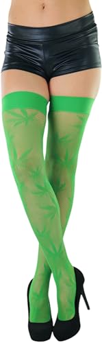 Image of ToBeInStyle Women's Thigh High Stockings Bodystocking Tights Medicinal Cannabis Marijuana Weed Leaf Print Festival Hosiery