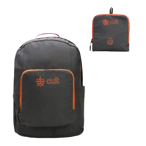 Cult Unisex Foldable Backpack 25L –Water-Resistant Travel Daypack with Adjustable Straps, Side Pocket & Durable Zippers – Compact, Packable Bag for Hiking, Camping, Commute - Orange & Grey