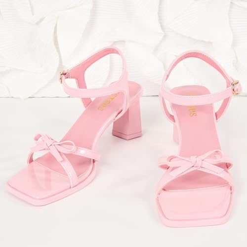 Image of rsxses High Heels for Women Bow Block Chunky Heels Square Open Toe Sandals Wedding Dress Party Strappy Heels