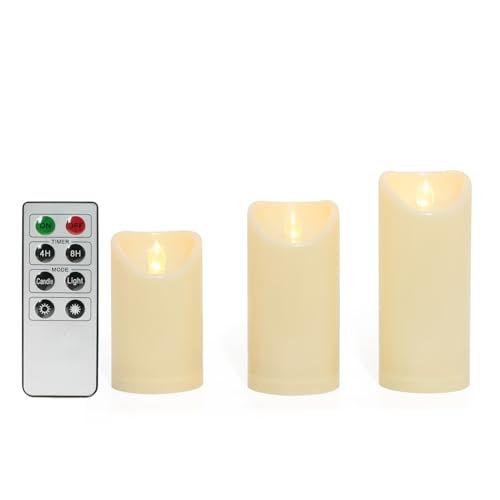 Image of CANDLE CHOICE Outdoor Battery Operated Flameless Candles with Remote Timer Waterproof Flickering Plastic Electric LED Pillar Lights for Lantern Patio Garden Wedding Party Decoration 3 inchx5 inch,6 inch,7 inch 3 Pack
