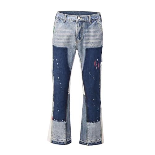 Vintage Flared Jeans for Men Y2k Streetwear Frayed Jean Pants Baggy Hip Hop Graffiti Colorblock Slim Fit Denim Jeans Man Black Blue1 34