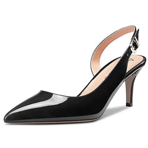 Aachcol Women Stiletto Mid Low Kitten Heel Pumps Ankle Strap Slingback Pointed Toe Dress Shoes Office Party Wedding Patent 2.5 Inch