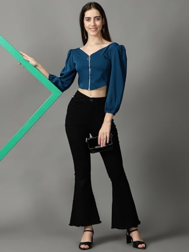 Image of SHOWOFFFF Women Solid Casual Top | V Neck Full Sleeves Crepe Top's for Womens | Regular Fit Regular Length Tops for Women's