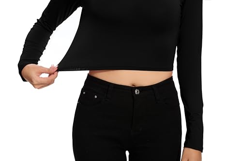 MadHeart Camisetas femininas de manga comprida cropped slim fit gola redonda camada base, Preto, Lar