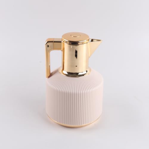 JMAHM 1L Coffee Carafe Tea Dispenser Thermal Coffee Insulated Jug Keep Drinks 12 Hours Hot/ 24 Hours Cold Double Walled Vacuum Jug with Press Button Top (Beige)