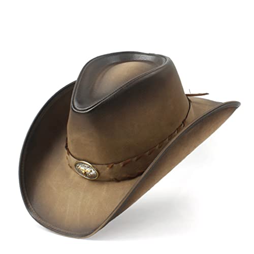 Wyfdp Leather Men Western Cowboy Hat For Gentleman Dad Fedora Sombrero Hombre Caps Size 58-59Cm (Color : A, Size : One Size) #TOP3
