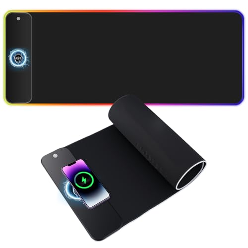 Mapille Alfombrillas de Ratón Grande, Alfombrilla Ratón Gaming RGB con 15W Carga Inalámbrica, 800x300 MM, 10 Modos Iluminación LED, Alfombrilla Gaming para Gamers, PC y Portátil, Negro