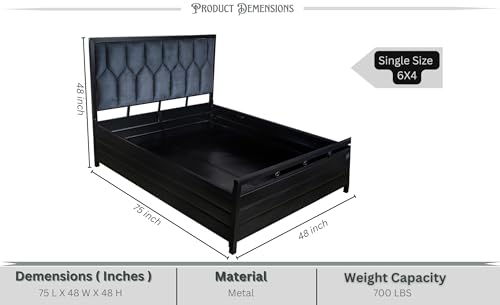 Image of Furniture Menyr Double Metal Bed with Hydraulic Storage, Metal Bed Frame with Hydraulic Storage, Iron Bed Frame with Box Storage Without Mattress - Black Matte (Single Size 6X4)