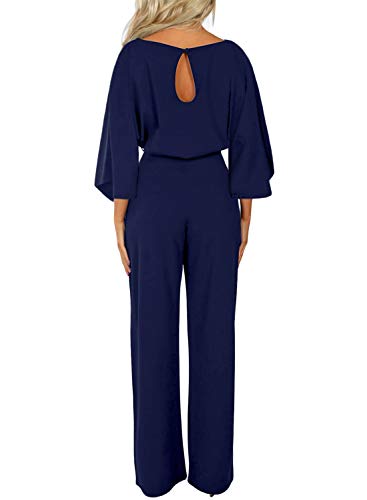 CANIKAT Women’s Round Neck Tie Front Belted Long Sleeve Jumpsuits Solid Basic Back Keyhole Wide Leg Pants Romper Overall Blue S