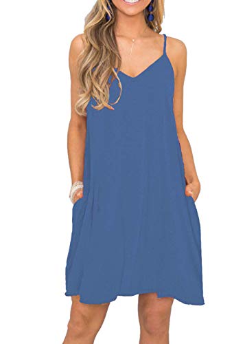 Image of Women's Summer Spaghetti Strap Casual Swing Tank Beach Cover Up Dress with Pockets