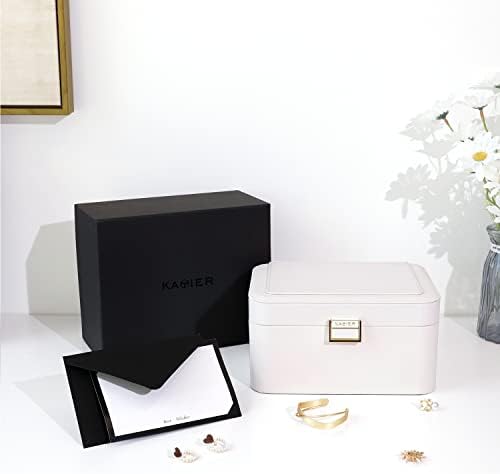KAMIER Jewelry Box Organizer for Women,2 Layer Jewelry Organizer Boxes for Earrings Bracelets Rings Necklaces,Luxury Leather & Soft Velvet Lined,Gift Box Packaging, White