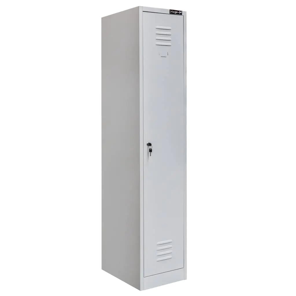 MEGA-M Szafka BHP ubraniowa pracownicza 1-drzwiowa | metalowa szafa z półką, drążkiem, haczykami, wentylacją i zamkiem, 36 × 50 × 180 cm, szara Bullet Points
