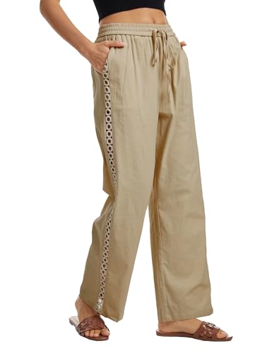 Demoking Womens Linen Pants Wide Leg Casual Palazzo Drawstring Cotton Beach Vacation Clothes for Women Hollow Side Khaki S