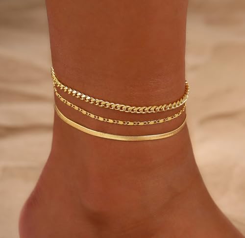 Image of 2 /3 PCS Gold Anklets for Women Waterproof Cuban Link Anklet Beaded Bracelets Stackable Bracelets 14K Gold Plated Custom Jewelry Gifts Non Tarnish Lightweight