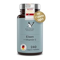 Eisen 20 mg aus Eisenbisglycinat + 40 mg natürliches Vitamin C aus Acerola - 240 VEGANE Tabletten für 8 Monate - ohne Zusatzstoffe - laborgeprüft - Balanced Vitality